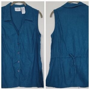 Vintage Studio Ease Womens Linen Blend Button Up Shirt Size M Blue Sleeveless